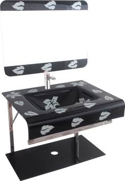 Vision Glass White Leaf Black Wash Basin With Mirror Self Steel