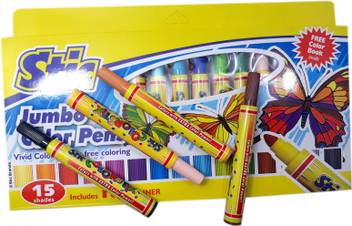 Flipkart Com Stic Majestic Basket Vivid Jumbo Color Pens Pack Of 15 Color Shade With Coloring Book Crazy Liner Triangular Shaped Color Pencils