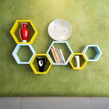 Reshuz Hexagon Wall Shelves Set Of 6 Rack Shelf Blue Yellow Wooden Wall Shelf Price In India Buy Reshuz Hexagon Wall Shelves Set Of 6 Rack Shelf Blue Yellow Wooden Wall