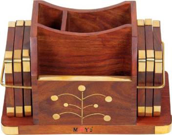 Me You 3 Compartments Handmade Wooden Desk Organizer Tea Coaster Coasters Set Of 6 Pen Stand Business Card Holder With Brass Work Office