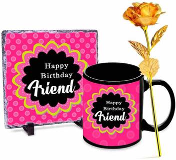 Alwaysgift Happy Birthday Friend Stone Tile Mug Golden Rose