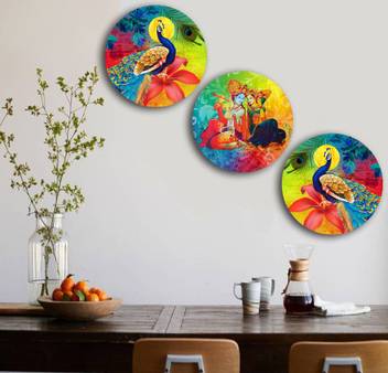 Studio Shubham Wooden Lord Krishna And Abstract Peacock Wall Plates Hanging Set Of 3 Each Plate 7 5x7 5 Inch Price In India Buy Studio Shubham Wooden Lord Krishna And Abstract Peacock Wall Plates