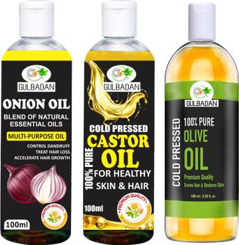 Gulbadan 100 Pure Castor Oil And Olive Oil Onion Oil For Hair Growth Hair Massage Oil Pack Of 3 Hair Oil Price In India Buy Gulbadan 100 Pure Castor Oil