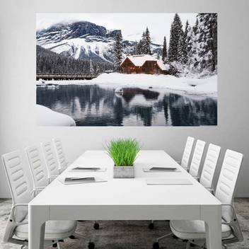Rustic Cottage Lake Mountain Winter Snow Wallpaper Poster No