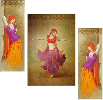 Rajasthani Women Dancing 3 Piece Mdf Painting Paper Print Art
