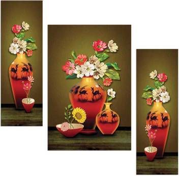Beautiful Flowers With Flower Pot Three Piece Mdf Painting Paper