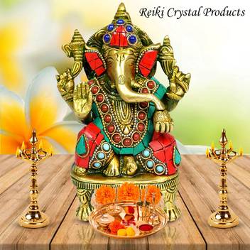 Reiki Crystal Products Brass Ganesha Ganpati With Multi Stone
