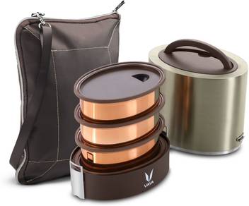 Flipkart Com Vaya Tyffyn 1000 Ml Graphite Copper Finished Stainless Steel Tiffin Box With Bagmat One 400 Ml Two 300 Ml Containers 3 Containers Lunch Box