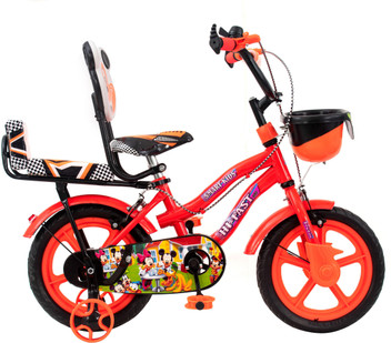 orange bike with training wheels