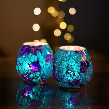 Homesake Moroccan Turquoise Glass Crackle Mosaic Candle Holder