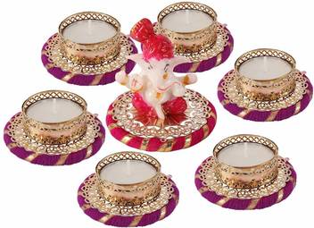 Accessher Diwali Diya Tealight Candle Holder With Ganpati God Idol Decoration For Festival Aluminium Pack Of 7 Table Diya Set Price In India Buy Accessher Diwali Diya Tealight Candle Holder With