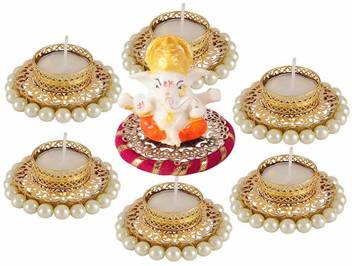 Accessher Diwali Diya Tealight Candle Holder With Ganpati God Idol Decoration For Festival Aluminium Pack Of 7 Table Diya Set Price In India Buy Accessher Diwali Diya Tealight Candle Holder With