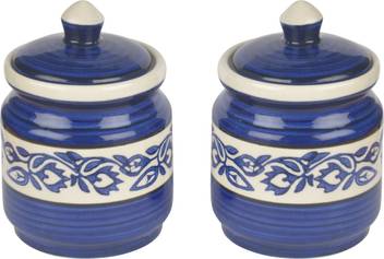 Style My Way Handpainted Ceramic Jar Set With Lid Set Of 2 500 Ml Blue And
