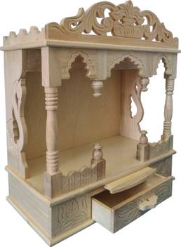 Teakwood Sevan Wood Open Front Four Pillar Designed Temple Pooja