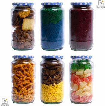 Hkc House Kitchen Glass Jars With Blue Checks Lids Wide Mouth 1000
