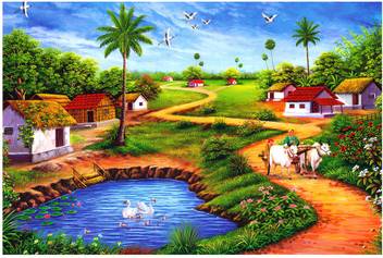 Zankhi Art Beautiful Natural Scenery With Village Painting With