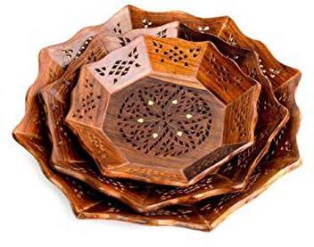 Kundi Wooden Serving Tray Set Of 3 Brass Mesh Work Thanksgiving