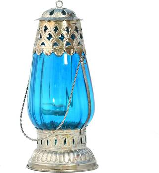 Asn Metal Light Blue Glass Lantern With Tea Light Blue Glass