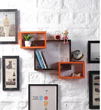 Artfulcrafts Wall Mounted Shelf Set Of 3 Floating Intersecting Storage Display Wall Shelves Black Orange Wooden Wall Shelf Number Of Shelves 5 Multicolor Wooden Wall Shelf Price In India