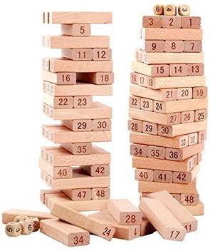 Mtc 54 Pcs Blocks 4 Dices Wooden Tumbling Stacking Jenga Building
