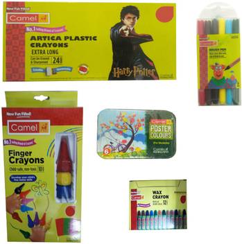 Camlin Kokuyo 1 Poster Colours 6 Shades 1 Artica Plastic Crayons 24 Shades 1 Finger Crayons 10 Shades 1 Wax Crayons 12 Shades 1 Brush Pen 6 Shades 1 Poster Colours 6 Shades 1