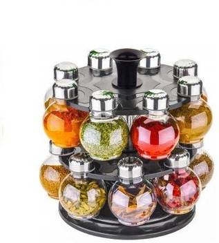 Atman New 360 Degree Revolving Round Shape Transparent Spice Rack Container Round Multipurpose Revolving Plastic Spice Rack 16 Piece Condiment Set 300ml Siver Finish Clear Black 16 Piece Spice Set Price