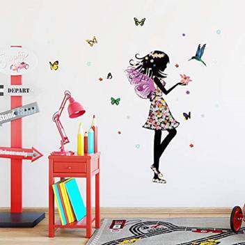 Golden Cart Medium Fairy With Butterflies And Birds Wall Sticker