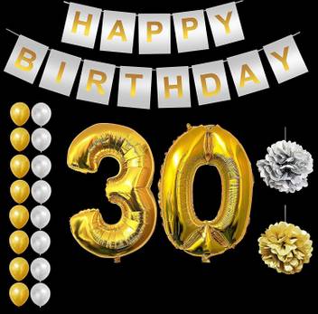 Balloons 30th Birthday Decorations Set 24 Pcs Gold 30 Number Balloon With Happy Birthday Banner Silver And Gold Latex Balloon Paper Pom Poms Price In India Buy Balloons 30th Birthday
