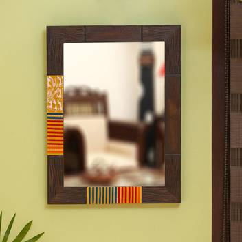 Exclusivelane Warli Hand Painted Handcarved Wall Mirror In Mango