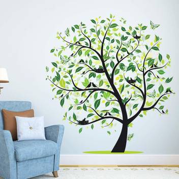 Kayra Decor KHSNT520 Greeny Tree with Birds Family and Nest Wall Painting  Stencils For Room Decoration/