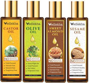 Vedlekha 100 Pure Natural Castor Extra Virgin Olive Oil Sweet Almond Oil Sesame Oil 100ml Packof 4 Bottle Hair Oil Price In India Buy Vedlekha 100 Pure Natural Castor