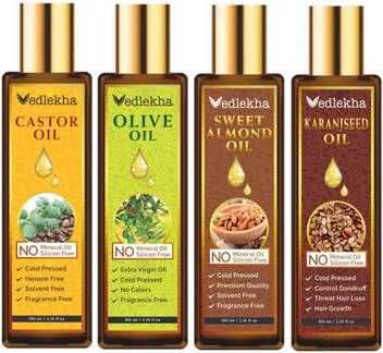 Vedlekha 100 Pure Natural Castor Extra Virgin Olive Oil Sweet Almond Oil Karanjseed Oil 100ml Packof 4 Bottle Hair Oil Price In India Buy Vedlekha 100 Pure Natural Castor