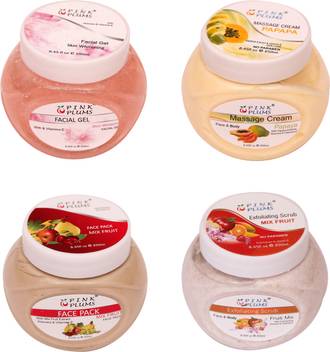 Pink Plums Skin Whitening Facial Gel Papaya Massage Cream Mix Fruit Face Pack Mix Fruit Scrub With Vitamin E Combo Pack Of 4 Each 250 Ml Price In India flipkart