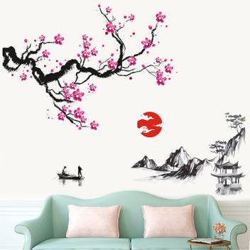 Wallsticks Cherry Blossom Tree Mountain Lake Flowers Ink