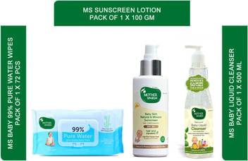 Mother Sparsh All Natural And Harmful Chemical Free Baby Skin Care Cleansing Kit Baby 99 Pure Waterwipes 72 Pcs 1x72 Wipes Sunscreen Lotion 100g Baby Liquid Cleanser 500ml Price In India
