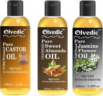 Olvedic 100 Pure Natural Castor Oil Sweet Almonds Oil Jasmine Flower Oil Combo Pack Of 3 Bottle 300ml Hair Oil Price In India Buy Olvedic 100