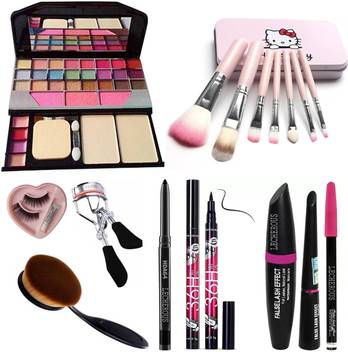 Pro Ultra 7pcs Makeup Brush Set With Tya Kit Eyelashes Glue Curler Foundation Kajal Waterproof Sketch Eyeliner And 3in1 Combo Pack Of 8 In India - Ultra Makeup Kit