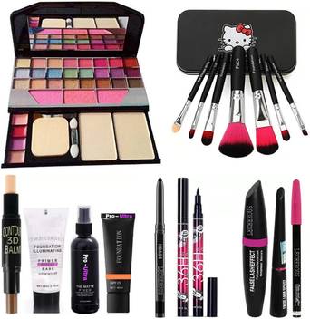Pro Ultra 7pcs Makeup Brush Set With Tya Kit 3d Contour Stick Primer Fixer High Quality Foundation Kajal Waterproof 36h Sketch Eyeliner And 3in1 Combo Pack Of 9 In India - Ultra Makeup Kit