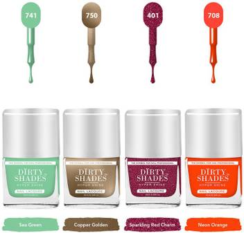 Dirty Shades Premium No Chipping No Fading Longest Lasting Ever Nail Polish Set Of 4 Pcs 10ml Each Sea Green Copper Golden Sparkling Red Charm Neon Orange Price In India Dirty Shades Premium No Chipping No Fading Longest Lasting Ever Nail Polish Set Of 4 Pcs 10ml Each Sea Green Copper Golden Sparkling Red Charm Neon Orange Price In India