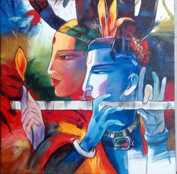 Creative World Hand Made Radha Krishna With Flute Canvas 18 Inch X