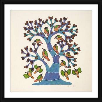 Kalasanthe Tree Of Life And Parrots In Gond Art Canvas 21 Inch X