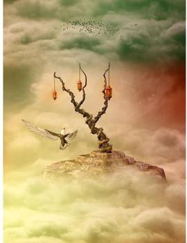 Artzfolio Fantasy Landscape In Sky With Eagle And Birds Framed Art