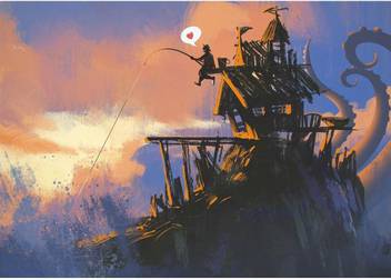 Artzfolio Fisherman On An Old House With A Fishing Rod Unframed