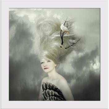 Female Model With A White Dove On A Branch Framed Art Print Canvas