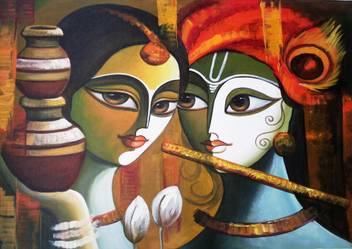 Posterhouzz Poster Religious Abstract Radha Krishna With Flute