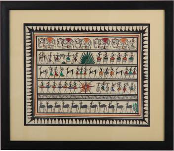 Adaa Warli Painting Five Multi Scenes 35 5 Cm X 30 5 Cm Painting