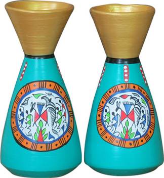 Villagemart Terracotta Handpainted Blue Colour Warli Art Pots Set
