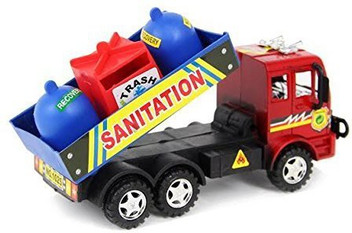 toy garbage truck with trash cans