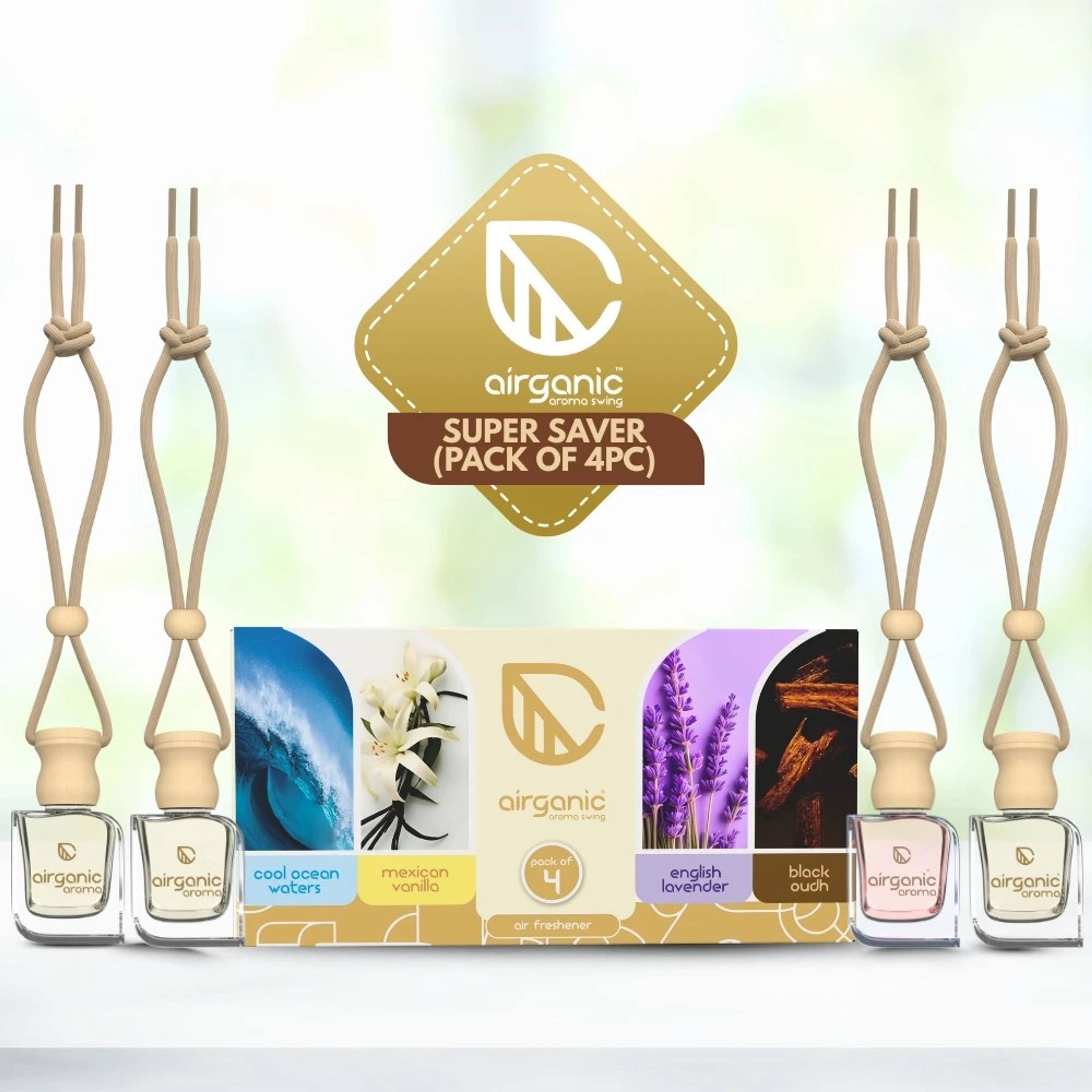 Airganic Aroma Swing pack 4 combo: Cool Ocean , Mexican Vanilla, Lavender & Black Oudh Car Freshener Diffuser Aroma with Essential Oils in Glass Bottle with Wooden Diffuser Lid| Car Hanging Accessories| Car Accessories Interior (4 x 10 ml)(4 x 10 ml) - 87% off at DetectaDeal