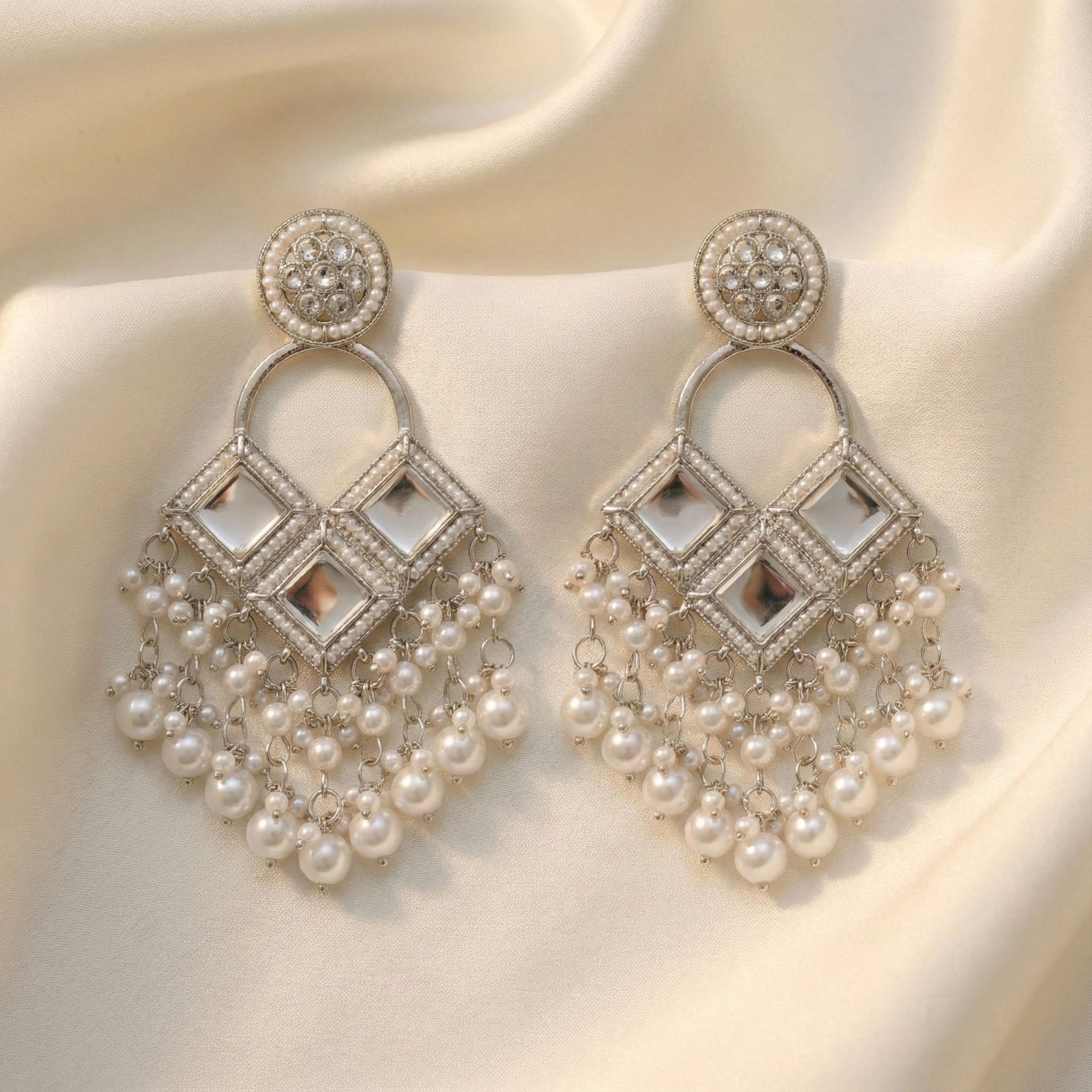TESSARA TESSARA Silver-Plated Diamond & Pearl Jhumka Earrings for women Alloy Drops & Danglers - 78% off at DetectaDeal